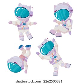 Cosmonaut in different poses. Astronaut in intergalactic space. galaxy. astronauts in space suits with helmets isolated on white background in cartoon style