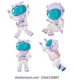 Cosmonaut in different poses. Astronaut in intergalactic space. galaxy. astronauts in space suits with helmets isolated on white background in cartoon style