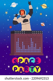 Cosmonaut dj working with vinyl turntables. Astronaut musician conducts music performance. Man in spaceman costume playing music at space party. DJ in spacesuit plays songs at nightclub disco