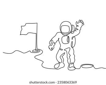 Cosmonaut exploring outer space. Astronaut on moon, Continuous one line art drawing style. Minimalist black linear sketch isolated on white background. Vector illustration