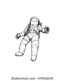 Cosmonaut falls into space on the background of stars.  astronaut in space on white  background. freehand style. Vector illustration. Design for shirt, T-shirt.