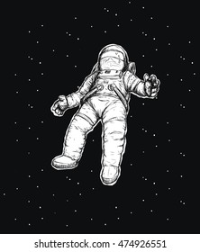 Cosmonaut falls into space on the background of stars.  astronaut in space on dark grey background. freehand style. Vector illustration. Design for shirt, T-shirt.