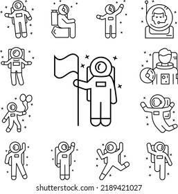 Cosmonaut, flag, star icon in a collection with other items