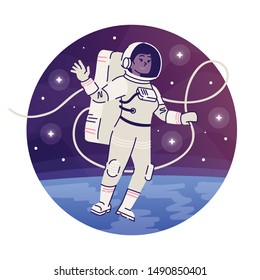 Cosmonaut floating in outer space flat concept icon. Female astronaut in spacesuit exploring cosmos sticker, clipart. Interstellar travel isolated cartoon illustration on white background