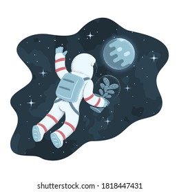 Cosmonaut floating in weightlessness towards planetary object. Ficus in flowerpot with safety glass bulb  under his arm. Funny illustration in retro style  with texture shadows