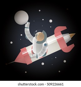 Cosmonaut flying on a rocket and touch a stars. Cosmo boy. Vector stock illustration. Old poster style. Soviet union cosmonaut.