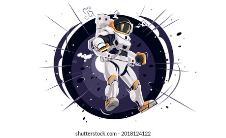 Cosmonaut flying in space. Astronaut in orbit in the vastness of the universe.  Detailed icon of the astronaut. Science technology icon concept isolated motion. Stars in space. Vector illustration EPS