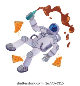 Cosmonaut with food cartoon vector illustration. Astronaut with bottle and pizza pieces. Ready to use 2d character template for commercial, animation, printing design. Isolated comic hero