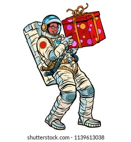 Cosmonaut with gift box. African American people. Isolate on white background. Pop art retro vector illustration kitsch vintage drawing