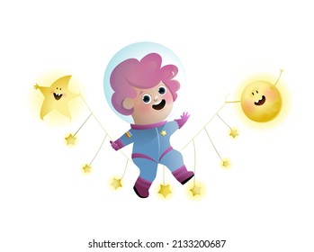 Cosmonaut girl swinging with stars, sun and star holding the swing. Outer space adventure and dreams clipart on white background with cute space girl. Vector illustration for kids, watercolor style.