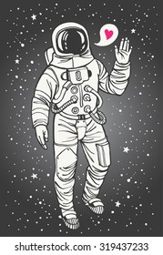 Cosmonaut with heart. Valentines day illustration. Astronaut with raised hand in salute. Speech bubble with tiny pink heart. Hand drawn spacesuit illustration.