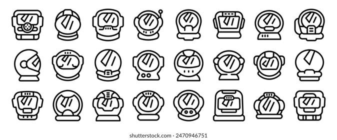 Cosmonaut helmet icons outline set vector. A collection of black and white images of astronauts. The images are all different sizes and shapes, but they all have a similar theme of space exploration