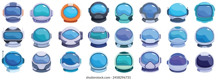 Cosmonaut helmet icons set cartoon vector. Suit clothing. Mask face hole