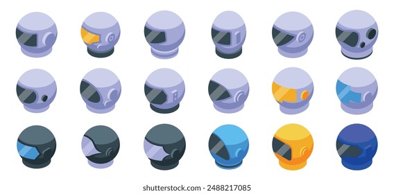 Cosmonaut helmet icons set. Collection of astronaut helmet illustrations featuring various styles, colors, and perspectives