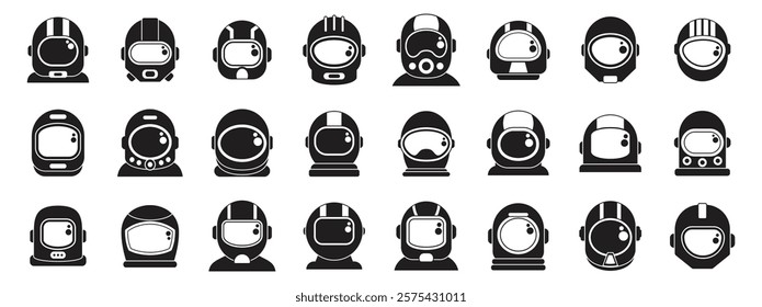 Cosmonaut helmet icons set. Collection of astronaut helmets showcasing diverse designs for space travel and futuristic protective gear