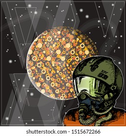 Cosmonaut in a helmet and an oxygen mask against the background of outer space and an unknown planet. Vector illustration