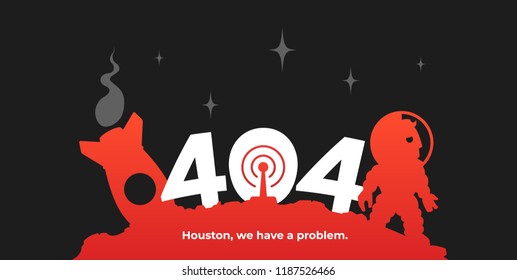 Cosmonaut and his rocket on an asteroid. 404 error page template.