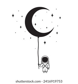Cosmonaut holding moon, vector line art.