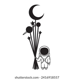 Cosmonaut holding planets, moon, stars. Vector line art
