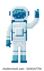 Cosmonaut isolated on white background. Astronaut pixel game style illustration. Spaceman vector pixel 8 bit art design.