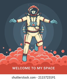 Cosmonaut With Jetpack. Retro Sci-fi Poster With Astronaut In Spacesuit. Vintage Spaceman. Vector Illustration