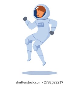 Cosmonaut joyfully jumping in zero gravity, wearing spacesuit and exploring outer space