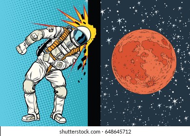 Cosmonaut knocks head on the wall. A dream to be on Mars. Pop art retro vector illustration