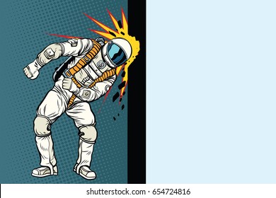 Cosmonaut knocks head on the wall. Dream of mankind. Pop art retro vector illustration