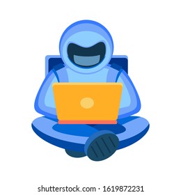 Cosmonaut with a laptop. An astronaut in a blue space suit sits in a lotus position with his legs crossed. The concept of lifelong education, freelance, study, work. Cosmos vector flat illustration.