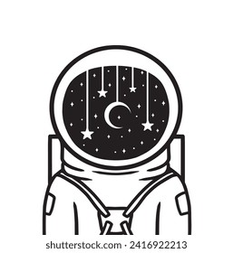 Cosmonaut looking at the moon, stars and all galactic. Vector line art