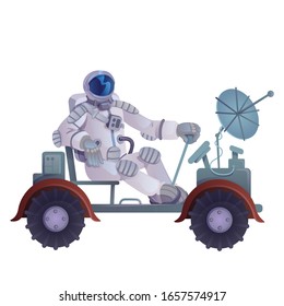 Cosmonaut in lunar rover flat cartoon vector illustration. Astronaut driving moon rover. Ready to use 2d character template for commercial, animation, printing design. Isolated comic hero