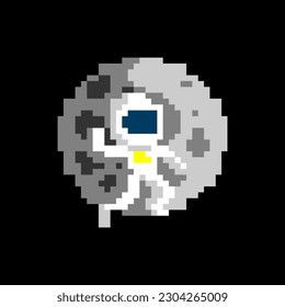 Cosmonaut and moon isolated on black background. Astronaut pixel game style illustration. spaceman vector. 8 bit personality character icon.