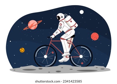 Cosmonaut on bicycle concept. Astronaut at moon with cycle. Galaxy and universe. Travel and trip, journey. Character at background of starry night sky. Cartoon flat vector illustration