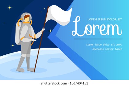 Cosmonaut on Lunar Surface. Astronaut Man Character Holding White Space Flag in Hand, Exploring Planet with Spacesuit. Cosmos Voyage Horizontal Banner with Copy Space. Cartoon Flat Vector Illustration