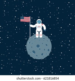 Cosmonaut on the moon with american flag icon, vector graphics