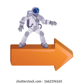 Cosmonaut on right arrow flat cartoon vector illustration. Spaceman, astronaut in spacesuit. Ready to use 2d character template for commercial, animation, printing design. Isolated comic hero