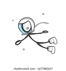 Cosmonaut in open space. astronaut in galaxy. Zero gravity. Hand drawn. Stickman cartoon. Doodle sketch, Vector graphic illustration