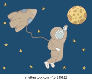 Cosmonaut in open space. The rocket, moon, spacesuit vector