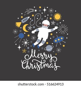 Cosmonaut in open space, vector Christmas card