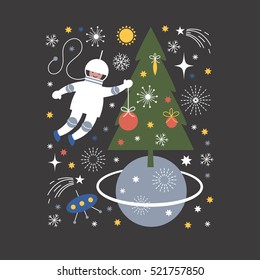 Cosmonaut in open space, vector Christmas card