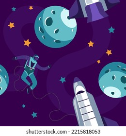 Cosmonaut in outer space, astronaut in galaxy among stars and planets, shuttle with rockets. Discovery of celestial bodies. Seamless pattern or background, print or wallpaper. Vector in flat style