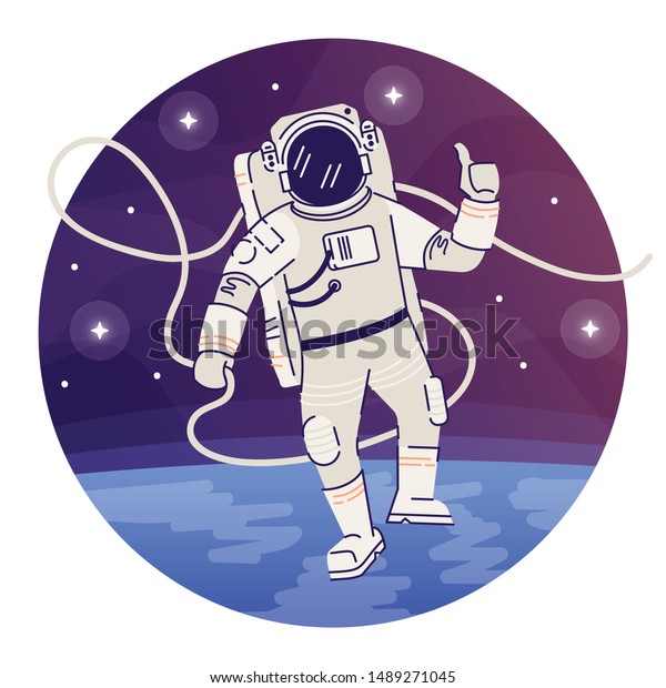 宇宙空間のコスモナウトのフラットコンセプトアイコン 宇宙に浮かぶ宇宙服を着た宇宙飛行士は Okサインシール クリップアートを作ります 白い背景に宇宙 開発用の漫画イラスト のベクター画像素材 ロイヤリティフリー