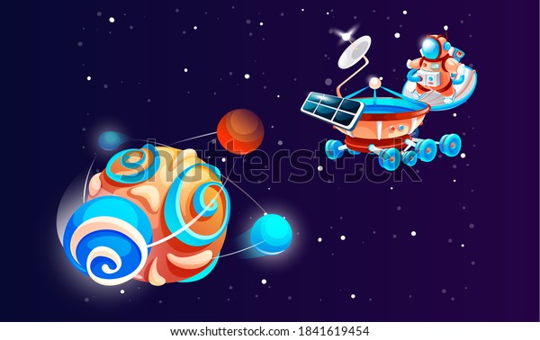Cosmonaut in outer space with planet. Cartoon\
astronaut on the moon rover vector illustration. Spaceman in a\
colorful spacesuit among bright stars on cosmos background. Objects\
of cartoon space\
game
