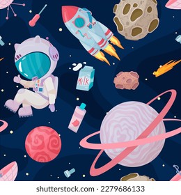 Cosmonaut in outer space. UFOs, spaceships, rockets. Solar system, intergalactic travel. Galaxies, planets, asteroids, comets, shooting stars. Vector illustration in cartoon style