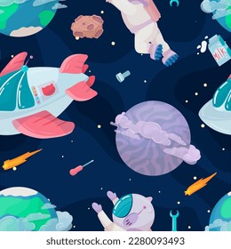 Cosmonaut in outer space. UFOs, spaceships, rockets. Solar system, intergalactic travel. Galaxies, planets, asteroids, comets, shooting stars. Vector illustration in cartoon style