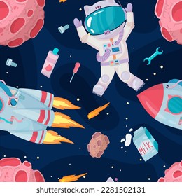 Cosmonaut in outer space. UFOs, spaceships, rockets. Solar system, intergalactic travel. Galaxies, planets, asteroids, comets, shooting stars. Vector illustration in cartoon style