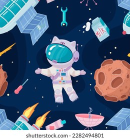 Cosmonaut in outer space. UFOs, spaceships, rockets. Solar system, intergalactic travel. Galaxies, planets, asteroids, comets, shooting stars. Vector illustration in cartoon style