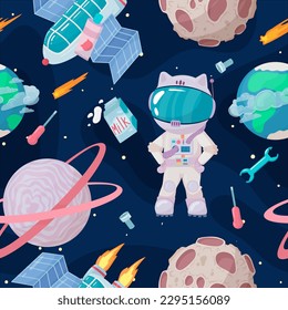 Cosmonaut in outer space. UFOs, spaceships, rockets. Solar system, intergalactic travel. Galaxies, planets, asteroids, comets, shooting stars. Vector illustration in cartoon style