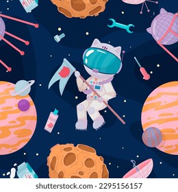 Cosmonaut in outer space. UFOs, spaceships, rockets. Solar system, intergalactic travel. Galaxies, planets, asteroids, comets, shooting stars. Vector illustration in cartoon style