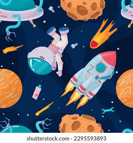 Cosmonaut in outer space. UFOs, spaceships, rockets. Solar system, intergalactic travel. Galaxies, planets, asteroids, comets, shooting stars. Vector illustration in cartoon style